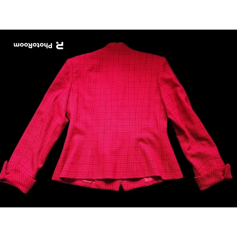 Christian Dior Vintage Houndstooth Red Plaid Pure Wool Skirt Suit Set Size 8
